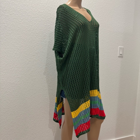 Crochet Knit Sweater Dress Tunic Green Multicolor Stripes 2XL – Fall Layering - Picture 9 of 9